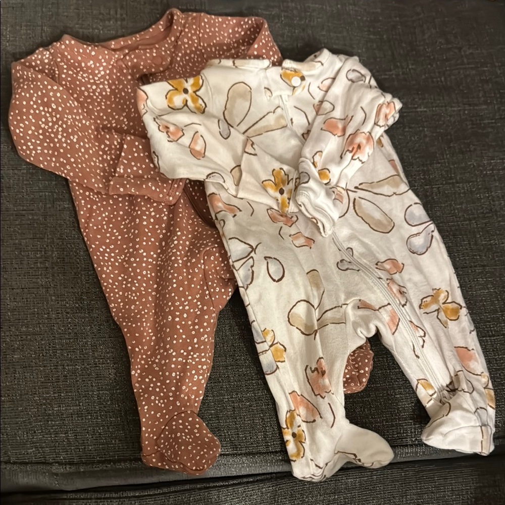 Brown and White Footies One Pieces with Whimsical Nature Print